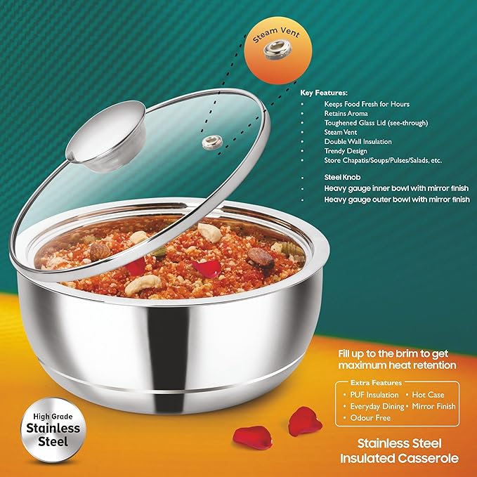 Signora ware  Roti Server  Casserole With Steel Lid & Glass Lid 1500 ML
