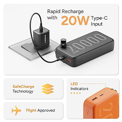 Ambrane 20000mAh Powerbank with in-Build Type C Cable, 22.5W Fast Charging, USB & Type C Output, Power Delivery, Quick Charge  (Stylo N20, Black)