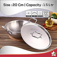 Wonderchef Nigella Tri-ply Stainless Steel 20 cm Kadhai with Lid 1.5 Litre  2.6mm Thickness