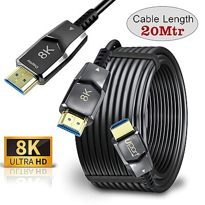 Uport 8K HDMI 2.1 Cable 20m – Fiber Optic, UHD, supports 8K@60Hz, HDR, and eARC. Ideal for gaming and home theater setups. Durable, lightweight, and flexible design for easy installation.