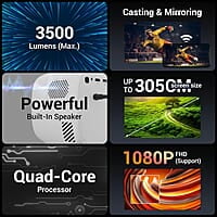 ZEBRONICS PIXAPLAY 53, Smart Vertical Projector, 3500 Lumens, 4K Support, 120 Inch Screen Size, Auto Focus, Auto Keystone, Bluetooth, HDMI, USB, WiFi, 1080p Support, APP Support, Miracast