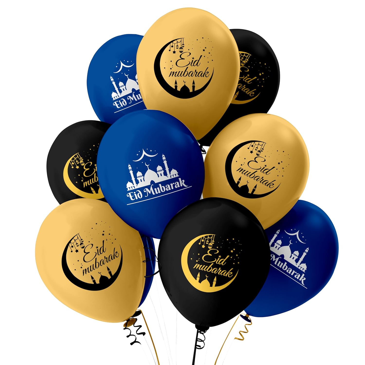 Pack of 15pcs Eid Mubarak Balloons for Ramadan Decorations – Black, Gold & Blue Latex Balloons for Eid Party & Home Decor