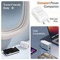 Ambrane 67W Dual Port GaN Charger,Fast Charger Adapter for Laptop, Lenovo, HP, ASUS, Dell, MacBook, iPhone Series, Samsung & Other Devices, USB & Type C Port with QC & PD Technology