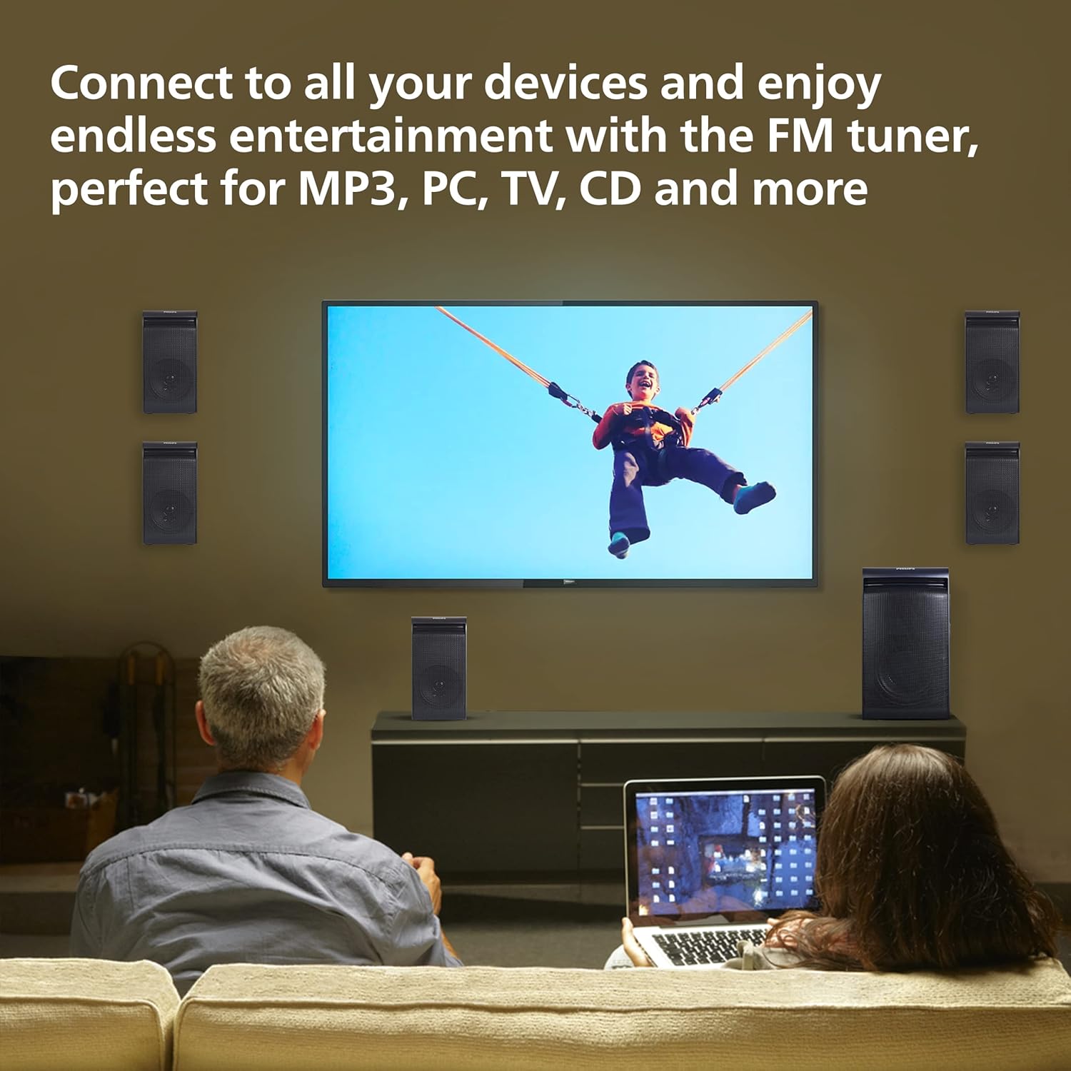 Philips Audio TAV5557 5.1 Channel 80W Bluetooth Multimedia Speaker System with 5x15W Satellite Speakers, Multi-Connectivity Option with Supporting USB, AUX, FM & Remote Control (Black) Philips Audio TAV5557 5.1 Channel 80W Bluetooth Multimedia Speaker System with 5x15W Satellite Speakers, Multi-Connectivity Option with Supporting USB, AUX, FM & Remote Control (Black)