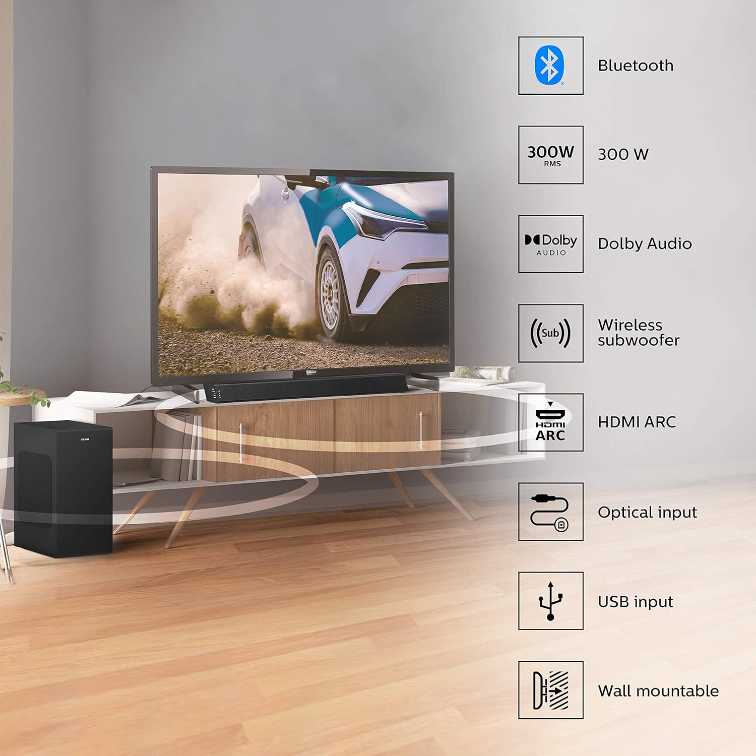 Philips Audio TAB7305 2.1Ch 300W Bluetooth Soundbar With Wireless Subwoofer, Dolby Audio, Hdmi Arc And Optical Input Philips Audio TAB7305 2.1Ch 300W Bluetooth Soundbar With Wireless Subwoofer, Dolby Audio, Hdmi Arc And Optical Input