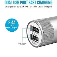 Ambrane 12W Fast Car Charger, Dual USB Output, Multi-Layer Protection, Fast Charging, Compatible with all Cars