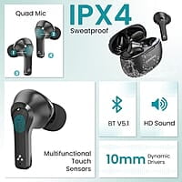 Ambrane TWS in Ear Earbuds with ENC Clear Calls & High Bass, 31h Playtime, BT 5.1 Wireless Headphone, Touch Control in Ear TWS with 4 Mic, IPX4 Water Resistance & Voice Assistance
