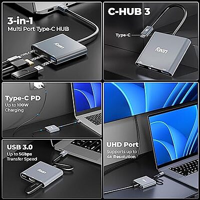 TYPE-C HUB FOXIN 3 IN 1 (USB 3.0, HDMI & PD TYPE-C)