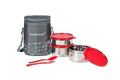 Varmora Stainless Steel SS Jumbo Trio Printed Lunch-Tiffin Box for Office - Set of 3 Containers (390 ml, 520 ml, 520 ml)