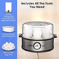 AGARO Crown Instant Egg Boiler 360 Watts, Boils Up to 7 Eggs with 3 Modes Heating/Stainless Steel Body (Silver)