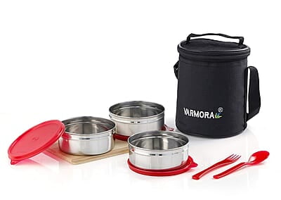 Varmora Trio Steel Lunch Box, Pink, 390 Ml, 3 Pieces