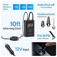 Ambrane Wired Tyre Inflator Air Pump for Cars with digital display & LED Light, 60W with up to 100 Psi, Portable Air Compressor, with Nozzles for Car, Bike, Motorcycle, Sports Ball
