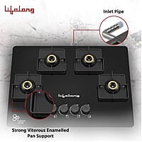 Lifelong 4 Gas Burner Top - 4 Burners Hob Top Gas Stove with Automatic Ignition - Toughened Glass top
