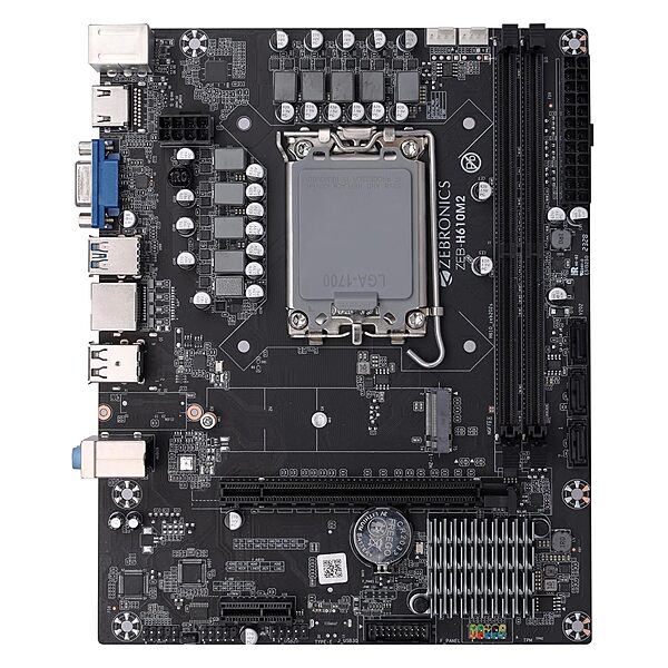 Zebronics H610M2 Motherboard for Intel LGA 1700 features support for 12th Gen Intel processors, dual-channel DDR4 RAM, HDMI & VGA outputs, PCIe 4.0, and multiple USB ports for connectivity.