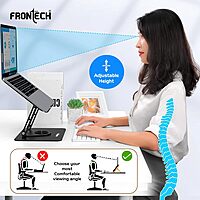 Frontech CP-0009 laptop stand offers ergonomic comfort, foldable design, and sturdy build for better posture and cooling.