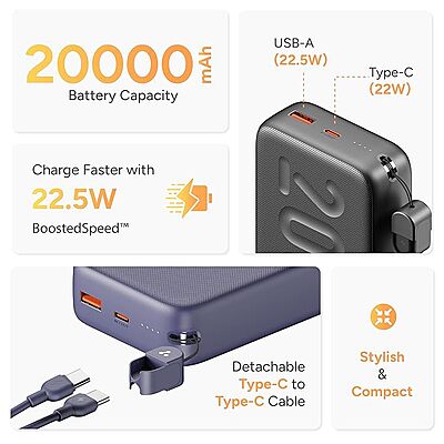 Ambrane 20000mAh Powerbank with in-Build Type C Cable, 22.5W Fast Charging, USB & Type C Output, Power Delivery, Quick Charge  (Stylo N20, Black)