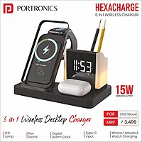 Portronics HexaCharge 6-in-1 Magnetic Wireless Charger – 15W | iPhone 12–15 | LED Lamp | Black