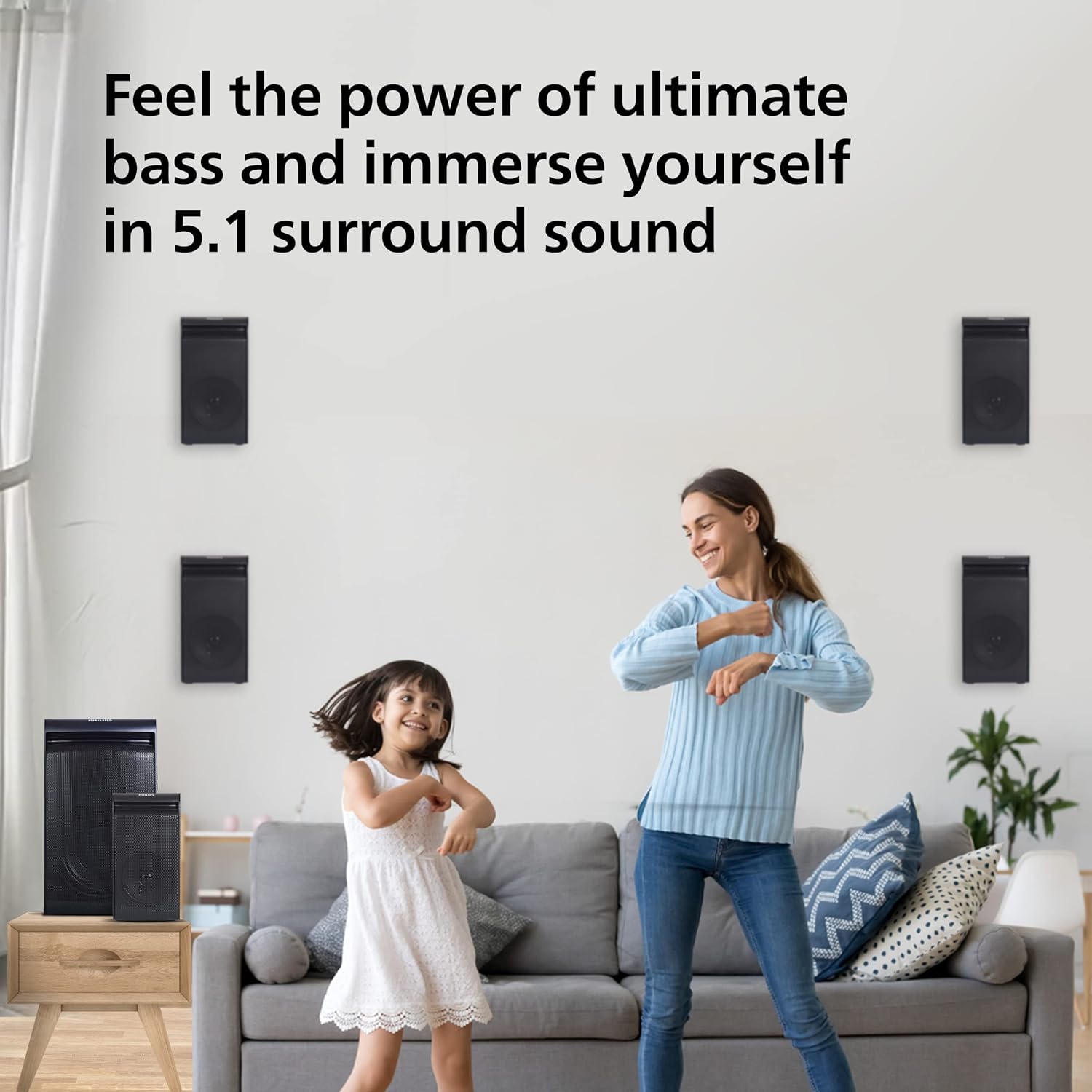 Philips Audio TAV5557 5.1 Channel 80W Bluetooth Multimedia Speaker System with 5x15W Satellite Speakers, Multi-Connectivity Option with Supporting USB, AUX, FM & Remote Control (Black) Philips Audio TAV5557 5.1 Channel 80W Bluetooth Multimedia Speaker System with 5x15W Satellite Speakers, Multi-Connectivity Option with Supporting USB, AUX, FM & Remote Control (Black)