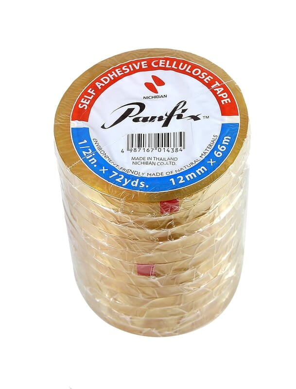 NICHIBAN PANFIX CELLULOSE TAPE TUBE OF 12 ROLLS, ECO-FRIENDLY, 12mm X 66m (1/2'' TUBE)