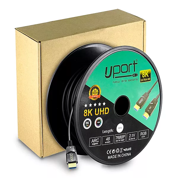 Uport 8K HDMI 2.1 Cable 30m – Fiber Optic UHD, supports 8K@60Hz, 4K@120Hz, HDR, and eARC. Ideal for gaming and home theater setups. Durable, lightweight, and flexible design for easy installation.
