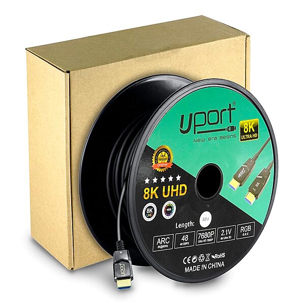 Uport 8K HDMI 2.1 Cable 30m – Fiber Optic UHD, supports 8K@60Hz, 4K@120Hz, HDR, and eARC. Ideal for gaming and home theater setups. Durable, lightweight, and flexible design for easy installation.