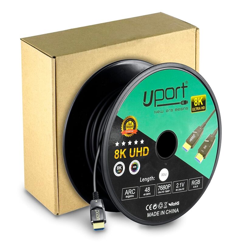 Uport 8K HDMI 2.1 Cable 30m – Fiber Optic UHD, supports 8K@60Hz, 4K@120Hz, HDR, and eARC. Ideal for gaming and home theater setups. Durable, lightweight, and flexible design for easy installation.