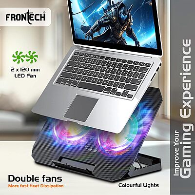 Frontech Laptop Cooling Pad CP-0007 – Dual Cooling Fans | Adjustable Height | Mobile Holder | USB Powered | Supports Up to 15.6" Laptops