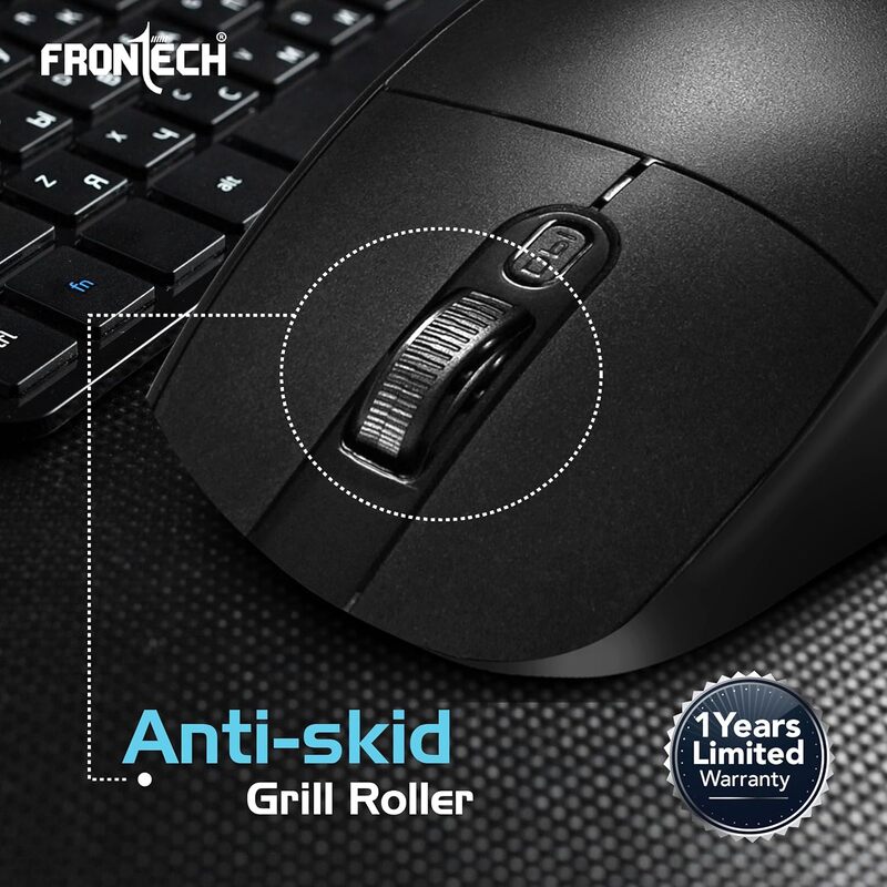 Frontech MS-0056 Wireless Optical Mouse – 2.4GHz | 1600 DPI | USB Nano Receiver | Ergonomic Design | Black | PC & Laptop Mouse