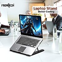 Frontech CP-0010 laptop stand with ergonomic design, strong build, foldable frame & anti-slip pads—perfect for work or study.