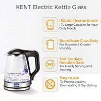 KENT 16023 Electric Glass Kettle 1.7 L | 1500W | Stainless Steel Heating Plate | Borosilicate Glass Body | Boil Drying Protection | 360° Rotating Base