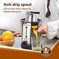 AGARO Regency Electric Citrus Juicer 350W, 650 ml, Pulp Regulator, AC Copper Motor, 2 Cones For All Citrus fruits, 2 filters, Anti Drip, Stainless Steel Body, Silver & Black
