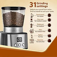 AGARO Supreme Coffee Grinder, Conical Burr Grinder, 31 Grinding Settings, Pulse Mode, Adjustable Digital Timer
