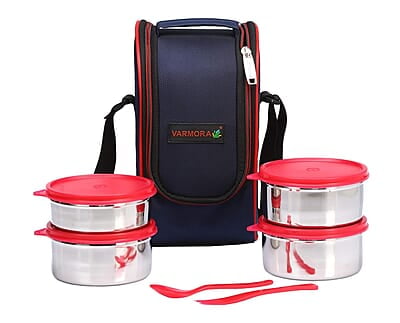 Varmora Stainless Steel Mini Lunch Box, Blue, 4 Pieces