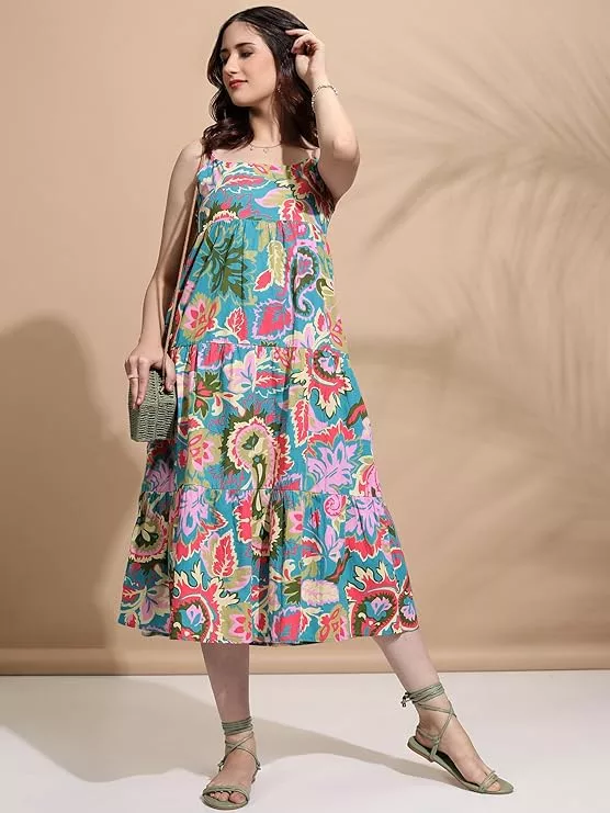 Tokyo Talkies Women's Sleeveless Square Neck Printed Dresses | Stylish Dresses | Casual Dresses