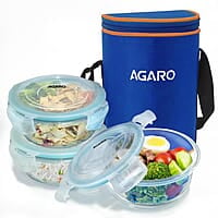 AGARO Elite Borosilicate Glass Lunch Box, 3pcs Set, 400ml Each, Office Tiffin Box with Bag