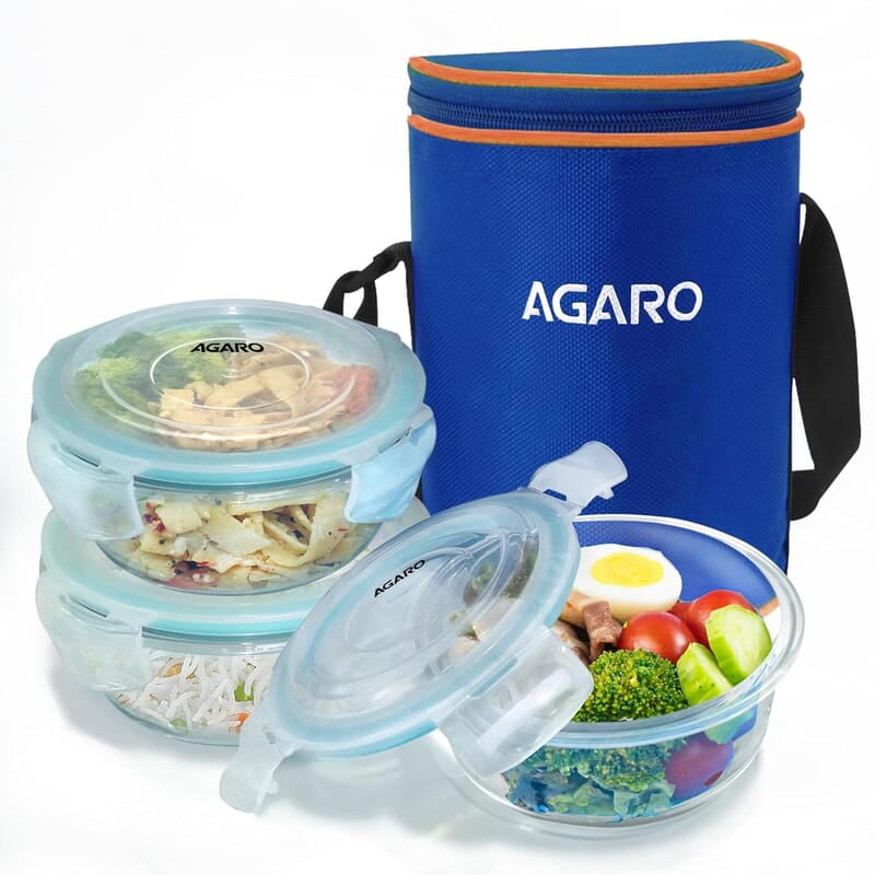 AGARO Elite Borosilicate Glass Lunch Box, 3pcs Set, 400ml Each, Office Tiffin Box with Bag
