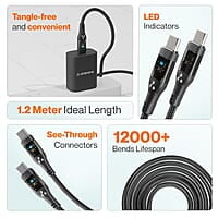 Ambrane 60W Type C to Type C Cable with 3A Fast Charging, 1.2M Braided cable for Smartphones, Tablets, Laptops & other Type C devices, PD Technology, 480Mbps Data Sync (ABCC-12T