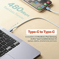 Ambrane 60W Type-C to Type-C Fast Charging Cable for Smartphones, Tablets, Laptops, iPhone 15 & Other Type C Devices, PD Technology, 480Mbps Data Sync, 1.2M (ABCC-60