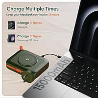 Ambrane 4-in-1 Power Bank, Charger, Magsafe Wireless Charger with Inbuit Cable for MacBook/Type C Laptop, iPhone & Android All-in-1 Device, 65W Fast Charging 15000mAh