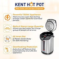 KENT Hot Pot Auto Electric Kettle With Water Dispenser 4L Storage Capacity 750W Appliance to Ensure Super Fast Boiling SS Inner Pot & Plastic Outer Body Reboil Feature Overheating Protection Silver