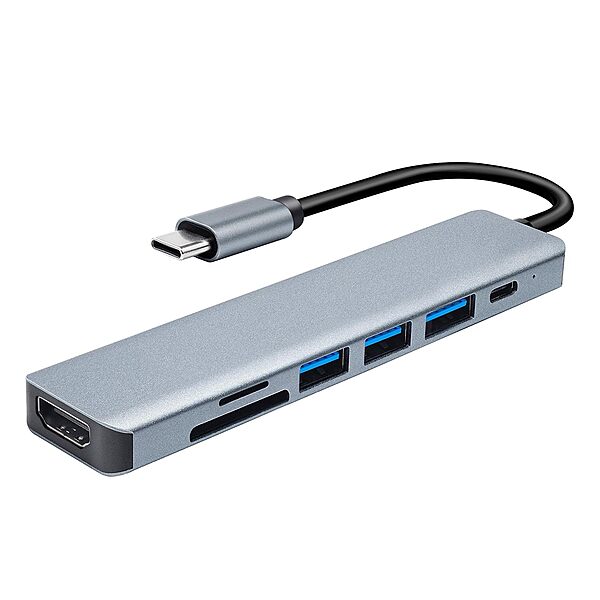 HAMMOK SPARKLE 7-in-1 Type-C Hub! This versatile hub features multiple ports for seamless connectivity, including HDMI, USB-A, and SD card slots, all in a sleek, compact design.