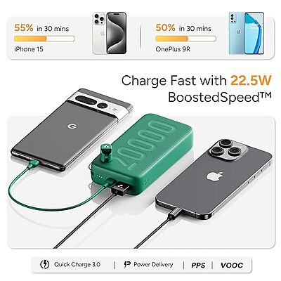 Ambrane 20000mAh Powerbank with in-Build Type C Cable, 22.5W Fast Charging, USB & Type C Output, Power Delivery, Quick Charge  (Stylo N20, Black)