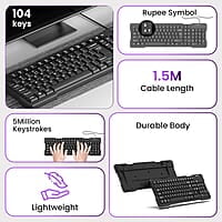 Ambrane Wired Keyboard, 104 Key with Membrane Switch Quick, 12Fn Shortcut Keys, Plug and Play USB Connection Compatible with PC, Mac, Laptop, Comfy and Ergonomically Design