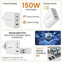 Ambrane 150W GaN Multi-Port Fast Charger Type C USB Compatible with All iPhones, Android Smartphones & Laptops