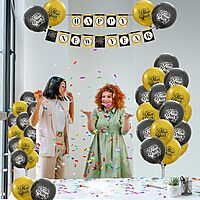 Happy New Year Latex Balloons with Banner, New Year Balloon Decorations Combo Kit Pack of 21pcs Black and Golden Balloons for New Year's Eve Party