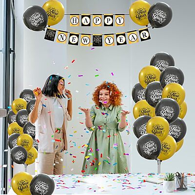 Happy New Year Latex Balloons with Banner, New Year Balloon Decorations Combo Kit Pack of 21pcs Black and Golden Balloons for New Year's Eve Party