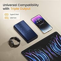 Ambrane 20000mAh Powerbank, 22.5W Fast Charging, Triple Output (2 USB & 1 Type C)