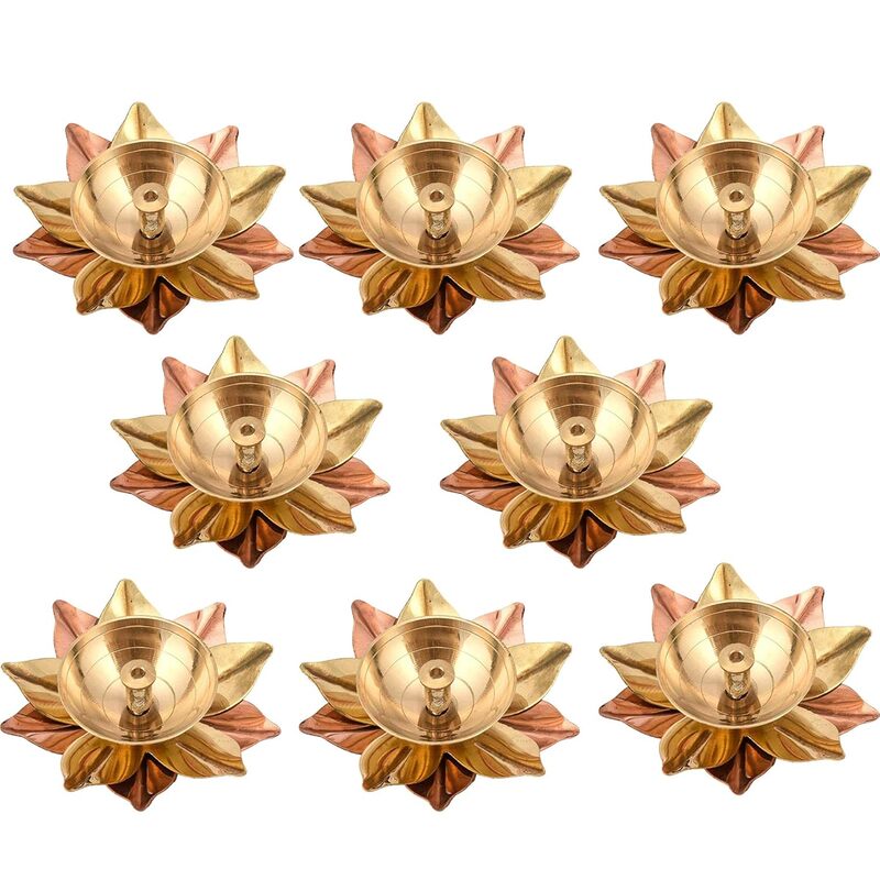 Collectible India Set of 8 Brass Diya for Puja Oil Lamp Lotus Shape - Deepak for Pooja Diwali Decoration Items - Diwali Gift - Return Gift