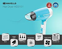 Havells 1200 Watts Foldable Hair Dryer; 3 Heat Settings With Cool Shot (Hot/Cool/ Warm), Heat Balance Technology