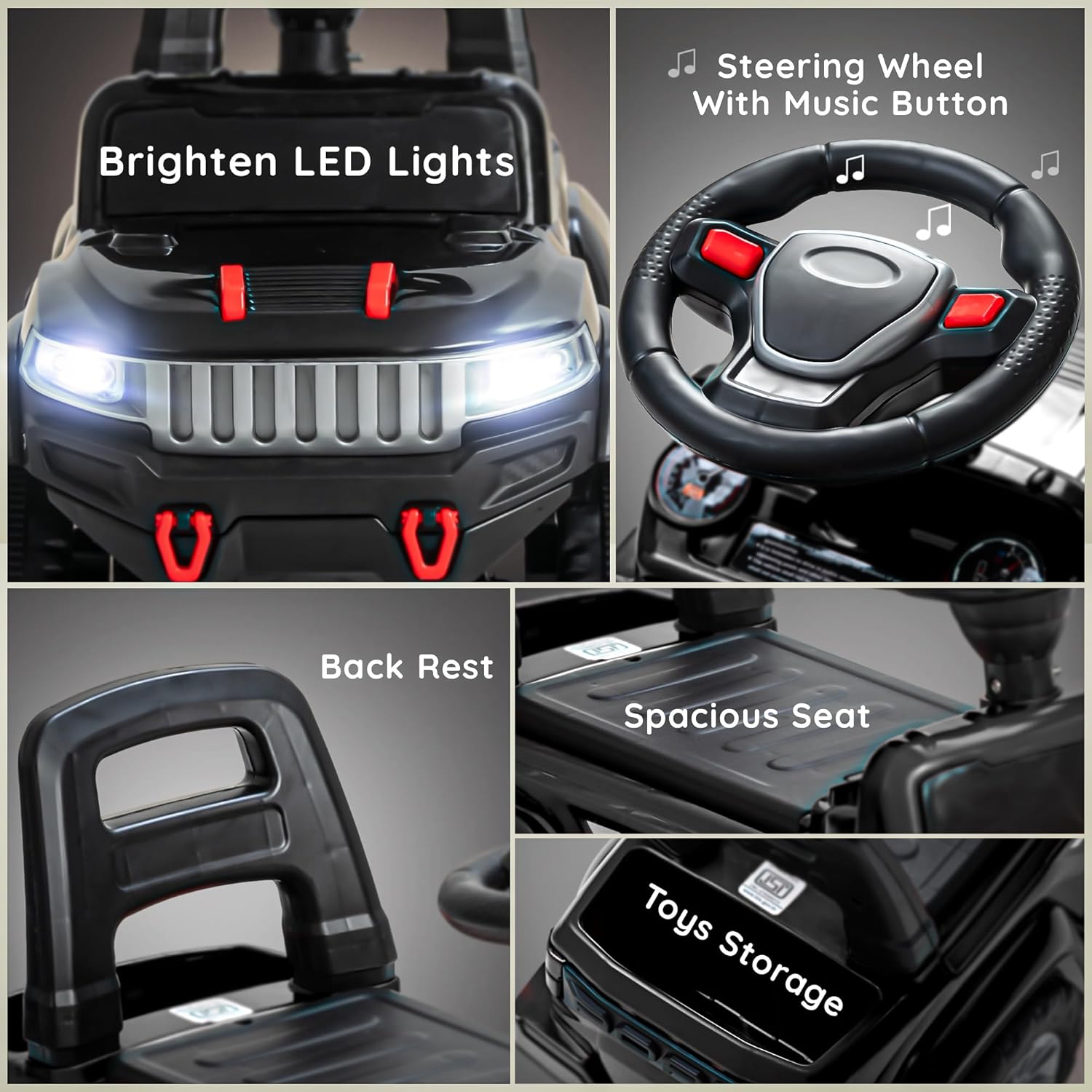 Baybee Push Ride on Baby Jeep for Kids Toys with LED Light & Storage Bin- Black Baybee Push Ride on Baby Jeep for Kids Toys with LED Light & Storage Bin- Black